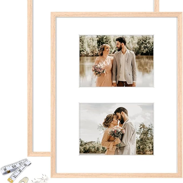 ATOBART 11x14 Picture Frame, OAK Wood Photo Frame 8x10 with Mat or 5x7 with 2 Mat with Perspex Glass for Vertical or Horizontal Tabletop Wall Display for Photo, Painting, Poster, Set of 2