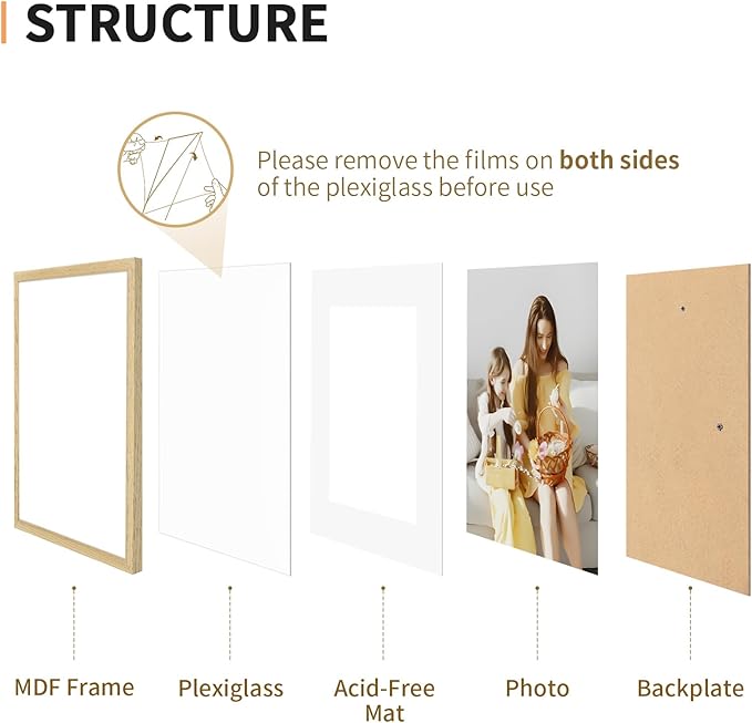ATOBART 11x14 Picture Frame Set of 4, Displays 8x10 with Mat or 11x14 Without Mat, Photo Frames for Wall Hanging or Tabletop, Includes HD Plexiglass, Natural Wood Grain