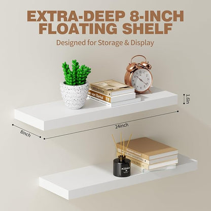 Solid Wood Floating Shelves 24'' Long, 8'' Deep Wall Mounted Shelves with Heavy Duty Brackets, Max Load 150 lbs, Wall Shelves for Bathroom Kitchen Living Room, 24 x 8 x 1.6 in, White, Set of 2