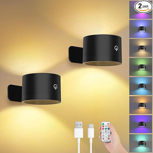 Lightess Battery Operated Wall Sconce Set of 2, 5000mAh Rechargeable Wall Sconce with Remote, 19 Colors Dimmable Wall Mounted Lamp, Wall Lights for Bedroom Living Room, Black