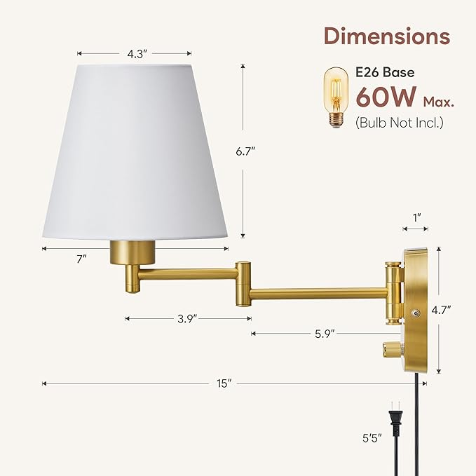 VONLUCE Wall Sconce Set of 2, Plug in & Hardwired Swing Arm Wall Lamps, Adjustable Wall Mounted Lighting Fixtures, Modern Wall Lights with Golden Base White Fabric Shade for Bedside, Hallway, Study