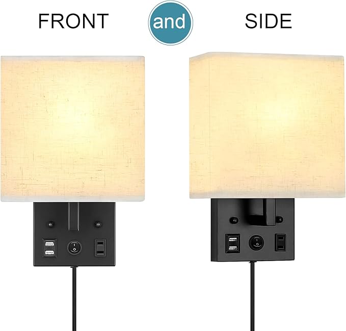 Black Wall Sconces Set of 2, Bedside Wall Lights for Bedroom, Plug in Wall Sconce with USB Ports and Outlets, Modern Wall Lamp for Mirror Kitchen Living Room Hallway, E26 Base (LED Bulbs Included)