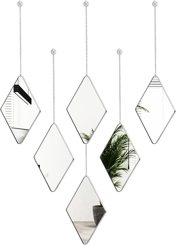 6 Pack Mirror Wall Decor Set with 2 Screwdriver Diamond Hanging Wall Mirror with Chain Silver Frame Decorative Chain Mirror for Home Living Room Entryways Bathroom Farmhouse Wall Decor, 10.8x6.7inches