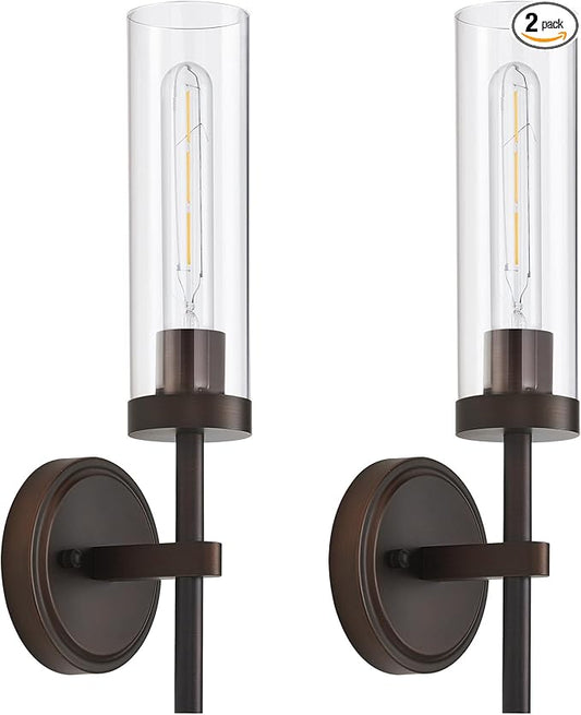 Oil Rubbed Bronze Wall Sconces Set of Two, Bathroom Wall Sconces Vanity Lights with Clear Glass Shade, Modern Farmhouse Wall Mount Lights for Mirror Bedroom Living Room Stairwell Hallway