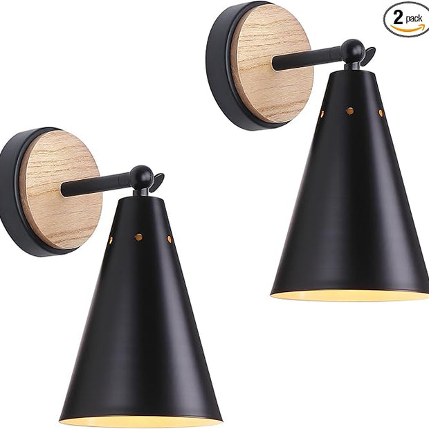 MWZ Rustic Farmhouse Black Metal and Wood Wall Sconce Adjustable Lamp，2 Pack,Rustic Wall Lighting Fixture for Bedroom, Living Room, Headboard, Garage, Porch