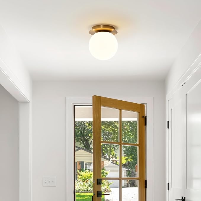 Modern Globe Brass Wall Sconce: 6" Gold Mid Century Modern Indoor Wall Mounted Lamp - Small Minimalist Frosted White Glass Bathroom Sconces - Ball Vanity Light for Bedroom Living Room Hallway Entryway