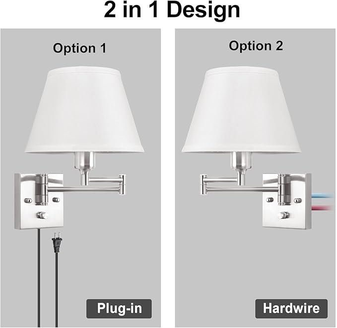 TRLIFE Wall Sconce Plug in, Dimmable Wall Sconces Set of 2 Brushed Nickel Swing Arm Wall Lights with Plug in Cord and On/Off Dimmer Rotary Switch, 9.4