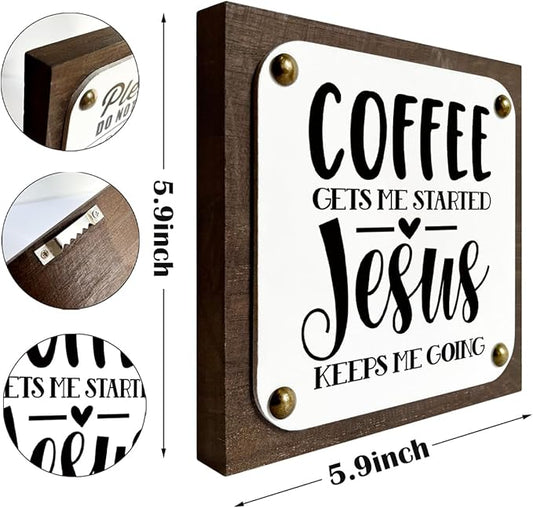 Coffee Wood Sign, Coffee Decor Art, Wooden Box Signs Decors Art, Christian Coffees Decors, Home Decor Accent, Coffees Gets Me Started Jesus Keeps Me Going Sign