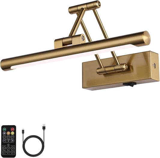 Battery Operated Picture Light with Remote,Wireless Gallery Lights Brass 12in Rechargeable Display Light with Flexible Swing Arm,Dimmable Wall Sconce for Artwork on Wall