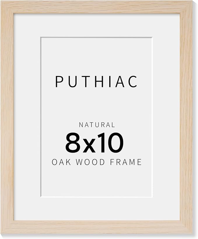 puthiac 8x10 Solid Oak Wood Picture Frame, Fits 6x8 with Mat or 8x10 Without Mat, Wall or Tabletop Display with Stand, Vertical or Horizontal, Plexi Front, 1 Pack, Natural Oak
