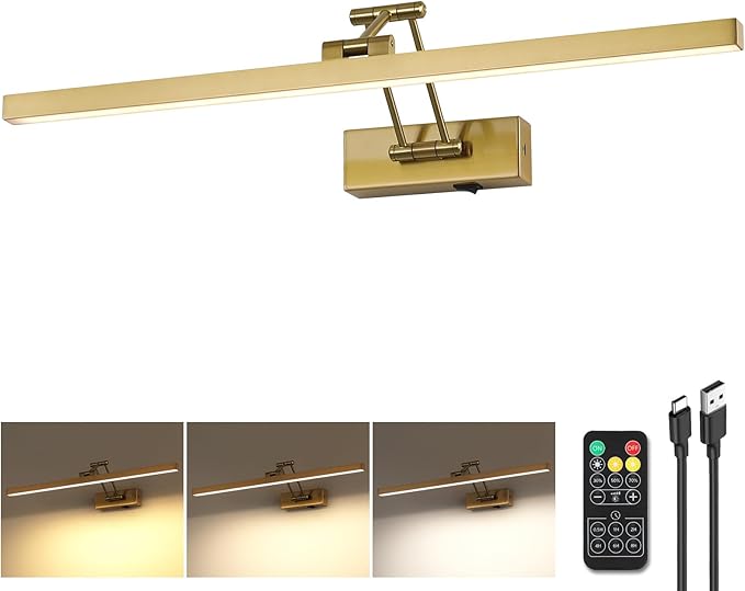 5W LED Wireless Picture Lights with Remote and Timer 23.6'' Inch Rechargeable Brass Gallery Lighting Battery Operated Art Lights Over Frame Portrait