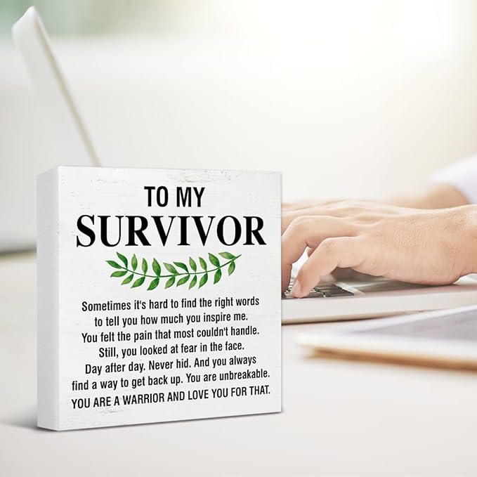 Inspirational Gift for Cancer Survivor, Cancer Survivor Gifts for Men Women Christian, Get Well Soon Gift, Cheer up Gifts, You Are a Warrior Wooden Sign Desk Table Shelf Decor 5 x 5 Inches