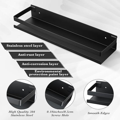 Lallisa 2 Pieces Stainless Steel Shelf Bathroom Shower Floating Shelves Wall Mounted Shower Caddy Basket Shelf Storage Organizer Shelves for Bathroom, Kitchen, Living Room (Black,11.81 Inch/ 30 cm)