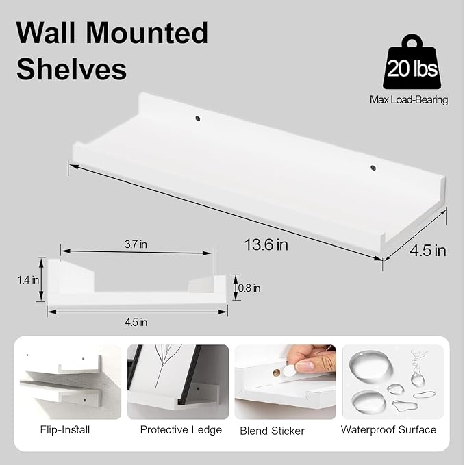 White Floating Shelves for Wall Decor, Wall Mounted Wood Storage Shelf for Bedroom, Living Room, Bathroom, Kitchen, Nursery, Display Picture Ledge Shelf with Lip Set of 2-14 Inches, White