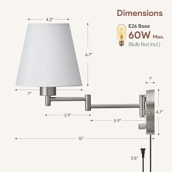 VONLUCE Wall Sconce Set of 2, Plug in & Hardwired Swing Arm Wall Lamps, Adjustable Wall Mounted Lighting Fixtures, Modern Wall Lights with Nickel Base White Fabric Shade for Bedside, Hallway, Study