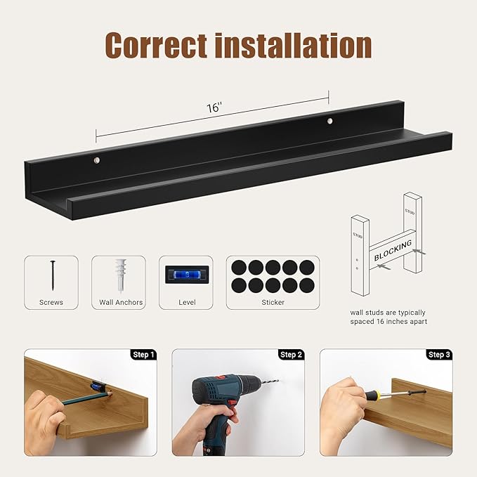 Heimlove 24 inch Picture Ledge Shelf Set of 8,Long Floating Shelves for Wall,Black Picture Shelf with Lip for Wall Decor,Living Room Bedroom Bookshelf Photo Frames Nursery Book Shelves for Storage