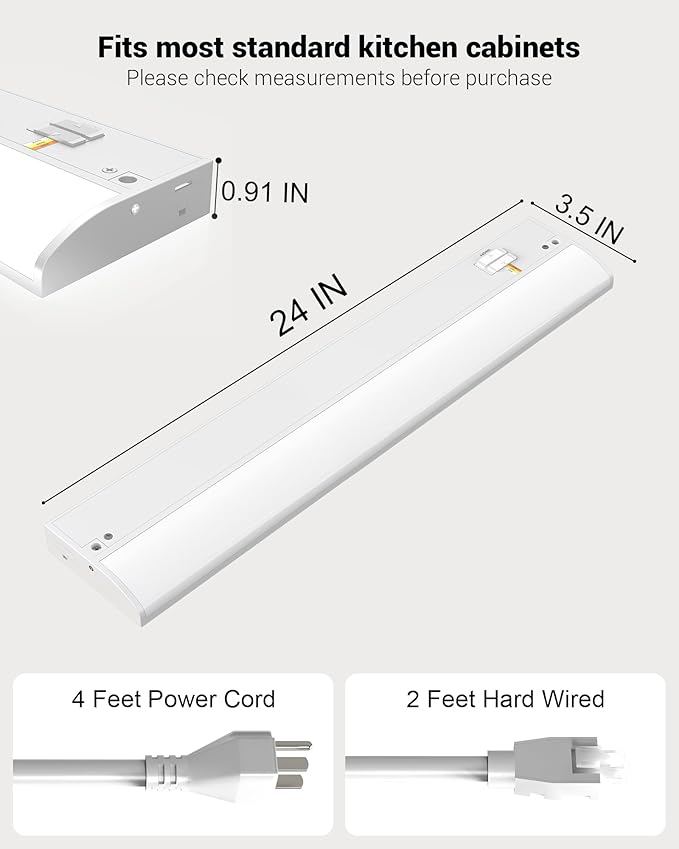 24 Inch LED Under Cabinet Light, Plug in Kitchen Lighting, 3CCT Selectable (3000K/4000K/5000K), CRI94 High Color Accuracy, Linkable, Slim Design, Matte White