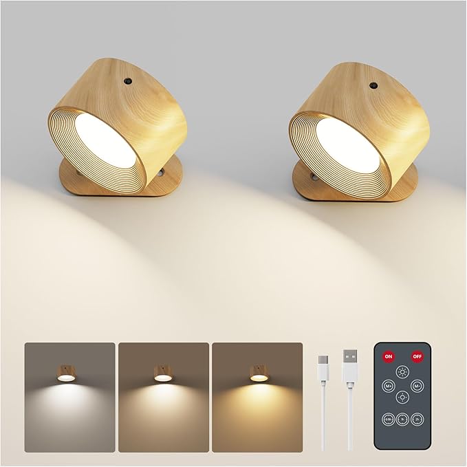 2Pack Rechargeable Battery Operated Wall Sconces Set 3 Color Temp Dimmable Remote Control, Magnetic LED Wall Mounted Lamp for Bedroom Reading Bedside Living Room Hallway Kitchen Artwork