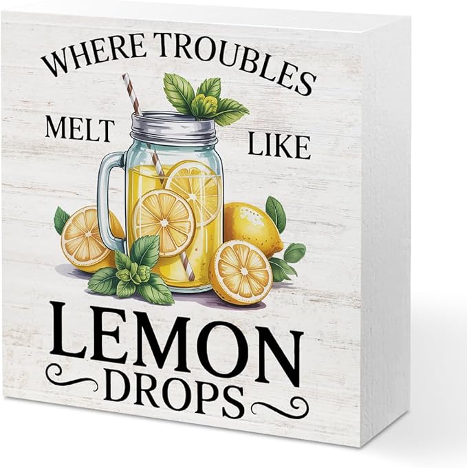 Lemon Themed Gifts Wood Box Sign - Where Troubles Melt Like Lemon Drops, Lemon Rustic Woods Table Decorative Signs for Office Home Lemonade Bar Tabletop Shelf Decoration, Motivational Gifts for Women