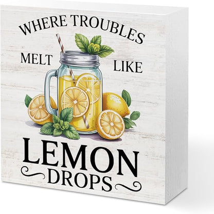 Lemon Themed Gifts Wood Box Sign - Where Troubles Melt Like Lemon Drops, Lemon Rustic Woods Table Decorative Signs for Office Home Lemonade Bar Tabletop Shelf Decoration, Motivational Gifts for Women