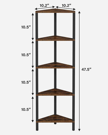 TUTOTAK Corner Shelf, 5-Tier Corner Bookshelf for Small Space, Narrow Display Corner Shelf Stand with Storage Rack, for Living Room, Bedroom, Rustic Brown BS05BB005