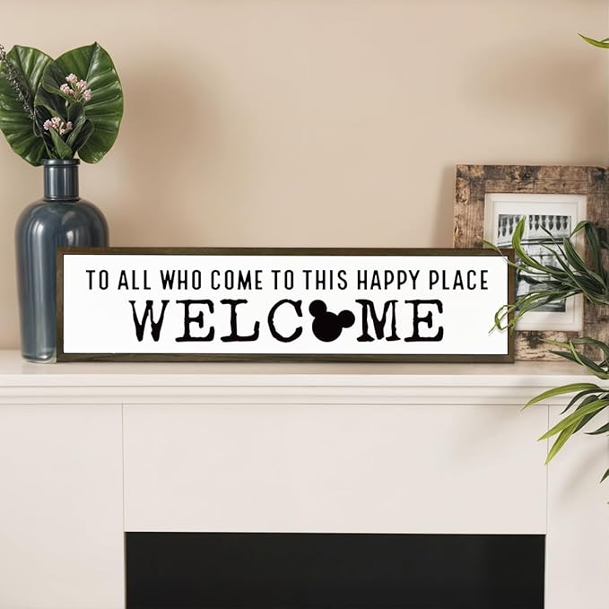 Disney, Disney Addict, Welcome Sign, Wall Table Shelf Decoration, Home Decor for Front Door, Porch Hanging Signs Decor for Indoor Outdoor, Hanging Framed Wood Sign, To All Who Come To This Happy Place 08