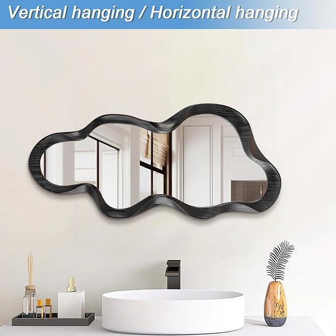 Asymmetrical Mirror Irregular Wall Mirror Modern Wood Frame Unique Mirrors Cute and Stylish Cloud Wavy Mirrors Decorative for Cloakroom Bedroom Living Room Bathroom Entryway 30
