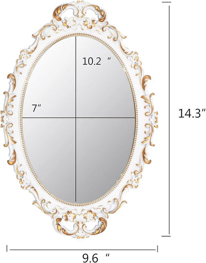 2 Pack - Vintage Decorative White Framed Mirror, Wall Hanging Mirrors & Tabletop Tray for Bedroom Living Room Dresser Decor, Oval- 9.6" W x 14.3" L (WHITE-2PACK)