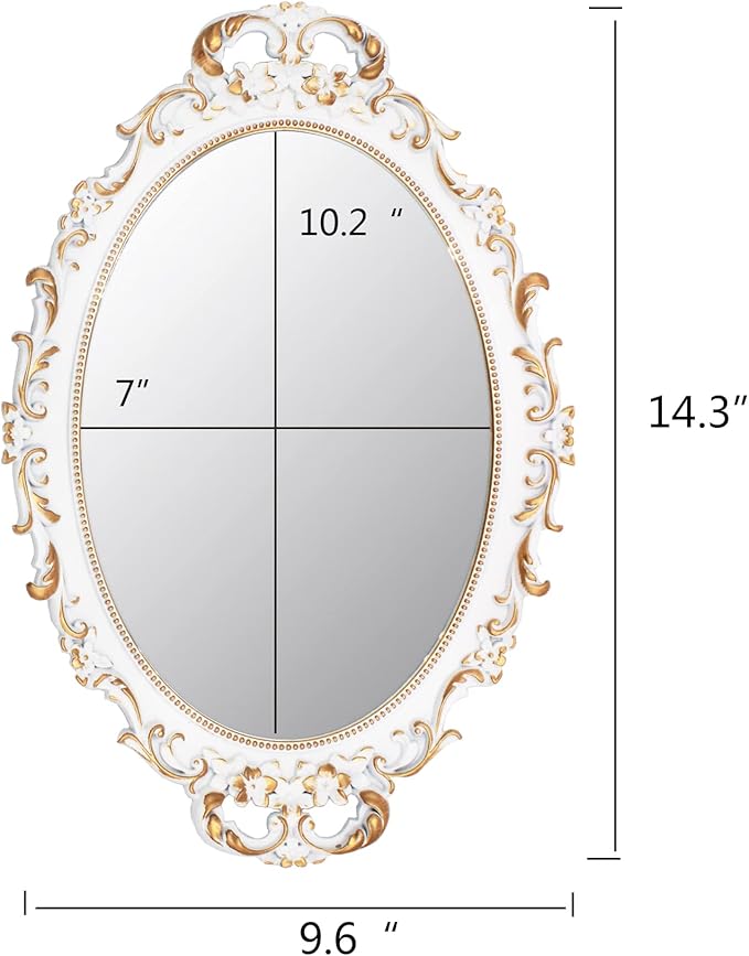 2 Pack - Vintage Decorative White Framed Mirror, Wall Hanging Mirrors & Tabletop Tray for Bedroom Living Room Dresser Decor, Oval- 9.6