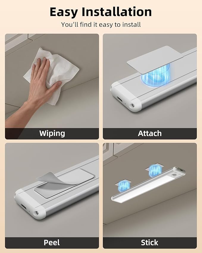 EZVALO 8-inch Under Cabinet Lighting, 1800mAh Rechargeable Motion Sensor Light, 3 Color Temperatures, Dimmable Magnetic Wireless Light for Kitchen, Pantry, Closet, Stairs