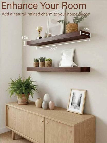 Solid Wood Floating Shelves,35.4in Finished Real Wood Wall Shelves with Heavy-Duty Hidden Bracket, Easy Installation, Set of 2, 35.4in x 7.1in x 1.5in, for Living Room Bedroom Kitchen,Walnut