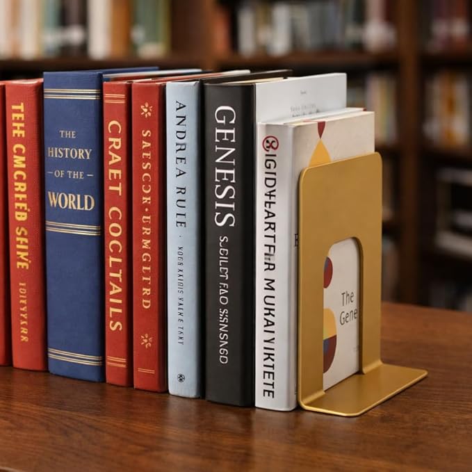 Alessk 6 Pieces Dark Matte Gold Bookends for Shelves, Heavy Duty Metal Bookends Supports Heavy Books, Decorative Gold Stops for Home or Office Decoration - 3 Pairs.