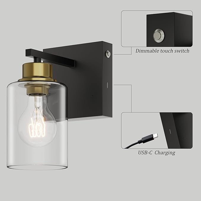 Battery Operated Wall Sconce Set of 2, Black & Gold Rechargeable Wall Lights with Timer Function, Easy Install Dimmable Wireless Wall Lamps for Living Room, Bedroom, Hallway, Entryway Decor 3000K