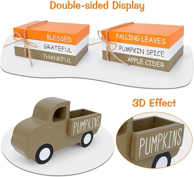 Fall Table Decor, Farmhouse Wooden Fall Signs with Book Stack, 3D Truck and 5 Individual Pumpkins for Tiered Tray, Coffee Bar, Shelf and Mantle Decor - Fall Decorations for Home
