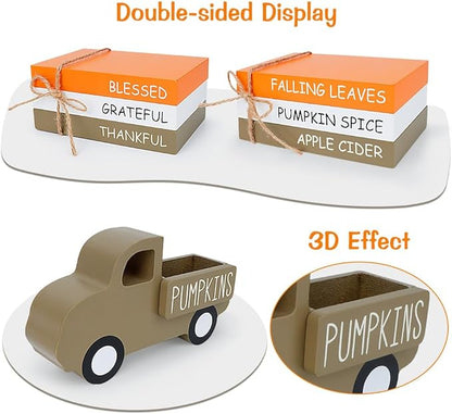 Fall Table Decor, Farmhouse Wooden Fall Signs with Book Stack, 3D Truck and 5 Individual Pumpkins for Tiered Tray, Coffee Bar, Shelf and Mantle Decor - Fall Decorations for Home