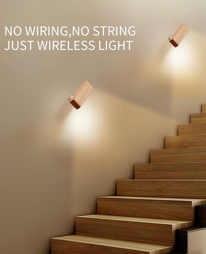 Wood LED Wall Sconce, Magnetic 360° Rotatable Wall Mounted Night Light & Reading Light, Small Rechargeable Battery Powered Bedside Wall Lamp for Bedroom, Living Room, Beech Wood