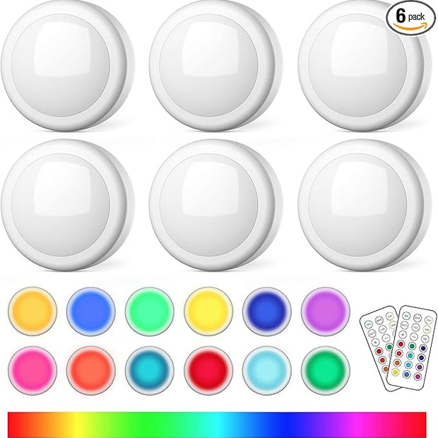 Puck Lights with Remote Control, Battery Operated LED Push Light Wireless, 13 Color RGB - for Closet, Bedroom Wall, Under Cabinet, Battery Powered Puck Lights. Convenient 3M Stick On, 6 Pack