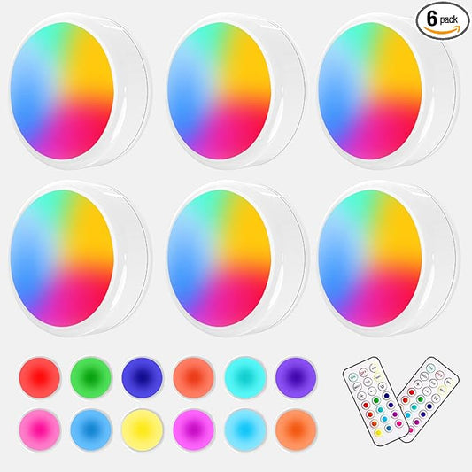 ILYXY Puck Lights with Remote, 6 Pack LED Under Cabinet Lighting Dimmable Push Battery Operated Under Counter Tap for Kitchen, Multicolor Transformation Stick On, Shiny White