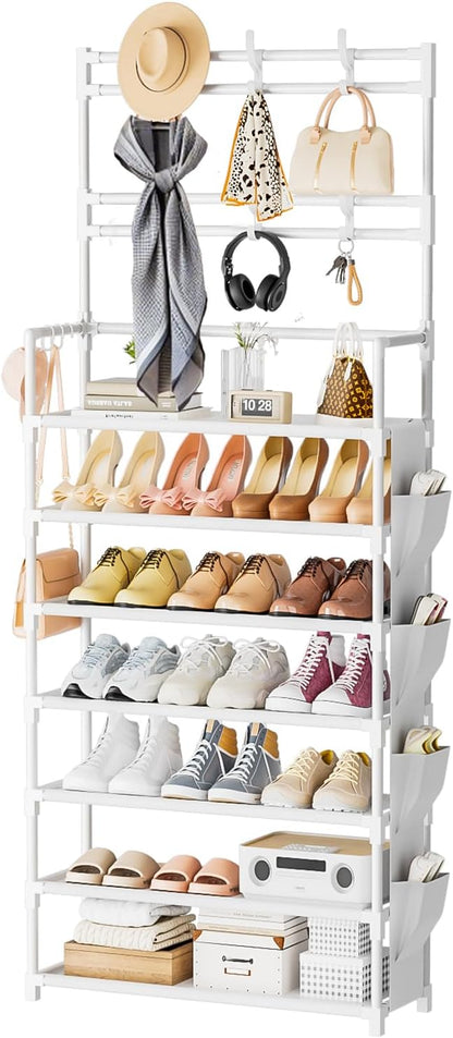 Shoe Rack 7 Tier Shoe Organizer Storage 21-28 Pairs Closet Shoes Rack for Front Door Entrance Shoe Rack Organizer with Hooks Side Pocket Entryway Large Capacity Shoe Shelf Tower Garage