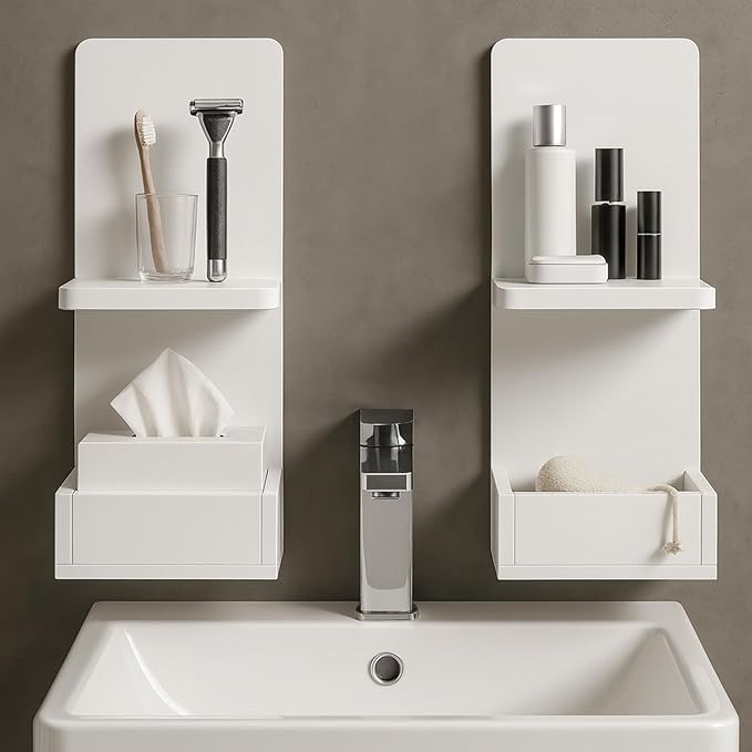 2-Tier White Floating Wall Shelf, 20x8x6 Wall-Mounted Wooden Beside Shelf/Nightstand for Home Décor, Plants, Cosmetics, Bathroom, Kitchen, Bedroom Storage (White with Box)