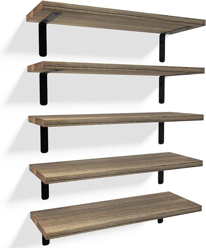 RICHER HOUSE Rustic Wood Shelves Set of 5, Farmhouse Style Floating Shelf for Wall Décor, Hanging Shelves for Bathroom, Bedroom, Storage, Kitchen, Living Room - Carbonized Black