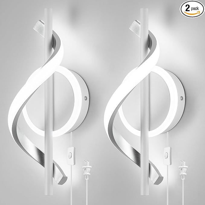 LED Wall Sconces Indoor, 12W Plug In Wall Sconces Set of 2, Modern Spiral Wall Lamp, Bedside Wall Lamps, 6000K Cold White Wall Light Fixture for Bedroom Stairs Living Room Hallway (Cold White, White)