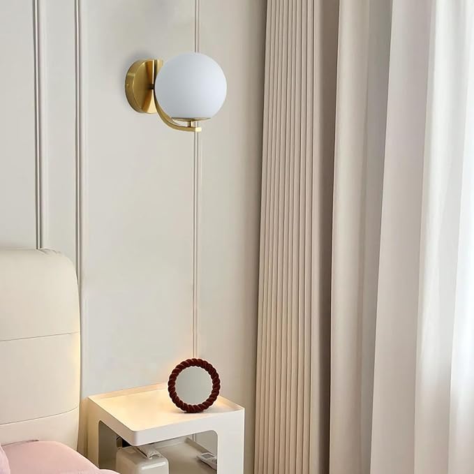 Gold Wall Sconces Set of 2, Mid Century Modern Wall Sconce with Globe Frosted Glass Shade, Art Deco Wall Mounted Light Fixture for Living Room, Bedroom, Hallway