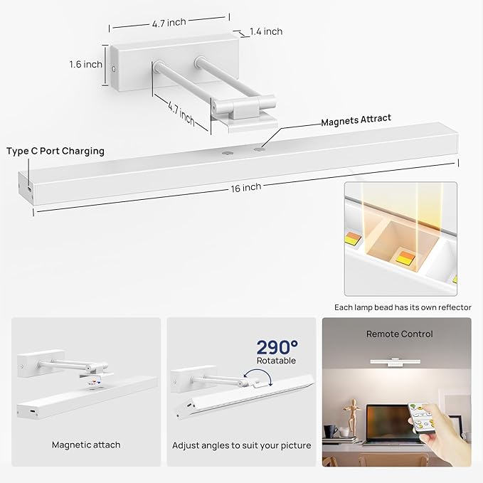 PESUTEN Picture Light Battery Operated, 16in Wireless Art Light for Paintings CCT Dimmable Recharging Battery Picture Light with Remote Control for Gallery Dartboard Art Bedroom Bathroom White