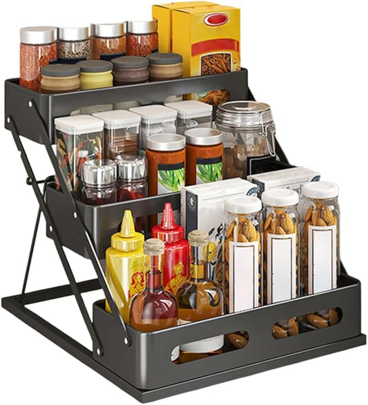 Bokelai Spice Rack for Countertop 3 Tier Foldable Seasoning Organizer Jars Storage Holder Step Shelf for Cabinet Kitchen Black