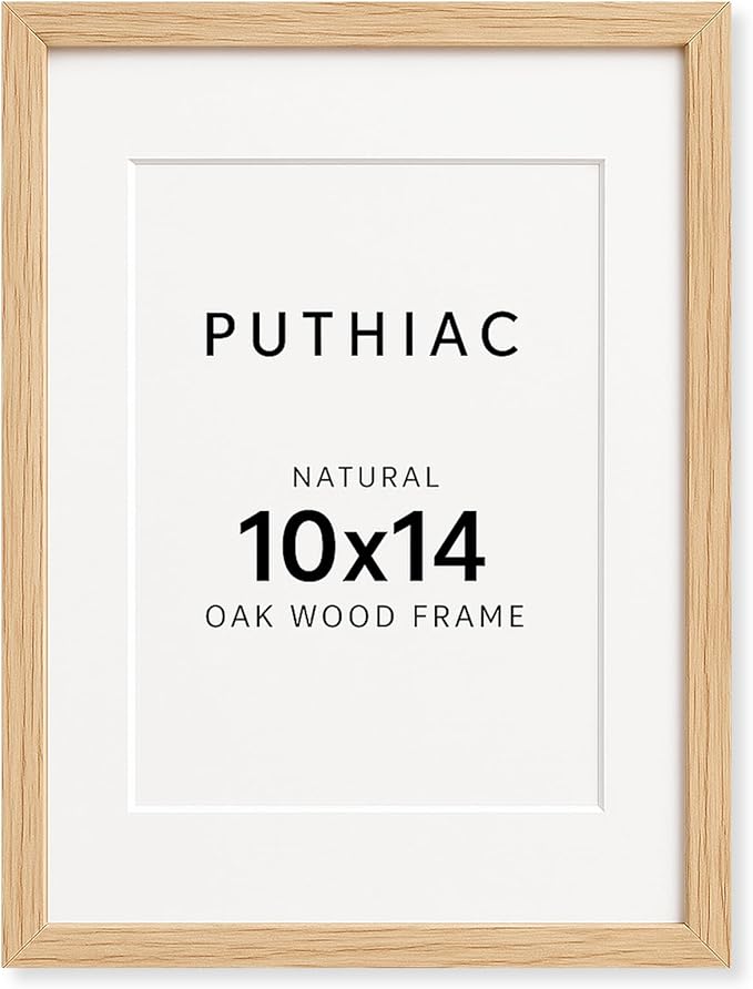 puthiac 10x14 Solid Oak Wood Picture Frame, Fits 8x10 with Mat or 10x14 Without Mat, Wall Display Only, Vertical or Horizontal, Plexi Front, 1 Pack, Natural Oak