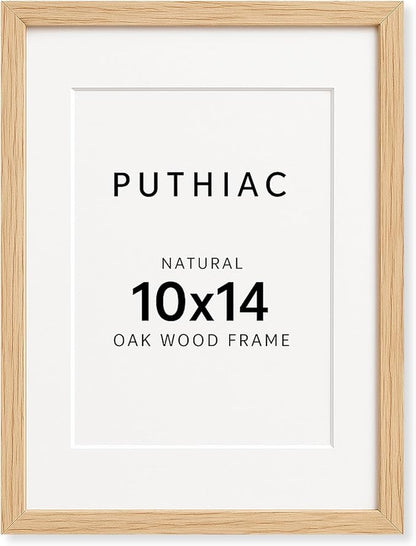 puthiac 10x14 Solid Oak Wood Picture Frame, Fits 8x10 with Mat or 10x14 Without Mat, Wall Display Only, Vertical or Horizontal, Plexi Front, 1 Pack, Natural Oak