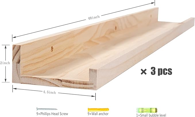 MBYD 48 Inch Floating Shelves Natural Wood, Wall Mount Picture Ledge Wooden Wall Shelf for Bedroom, Living Room, Office, Kitchen, Set of 3 Same Dimensions