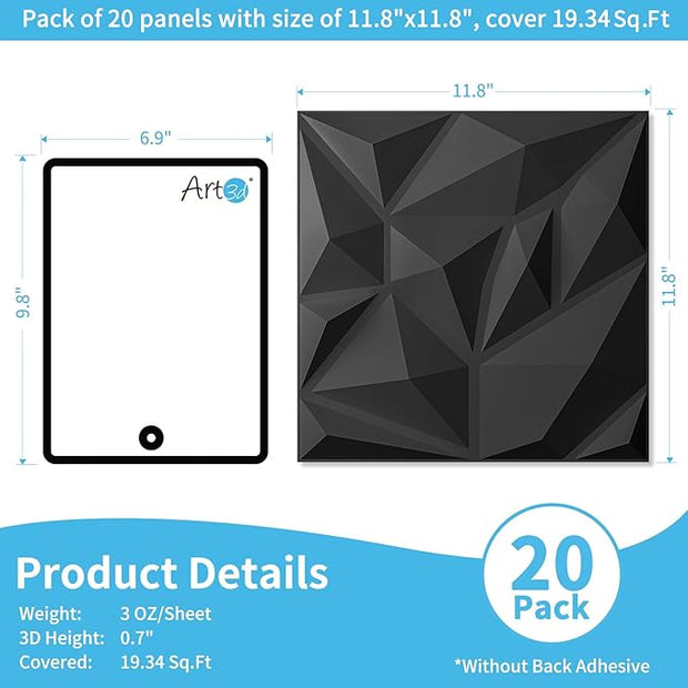 Art3d 20 Pack Decorative 3D Wall Panels for Interior Wall Decor Living Room, 11.8"x11.8" Black Wall Art PVC Panels for Bedroom TV Background Gaming Room Decor