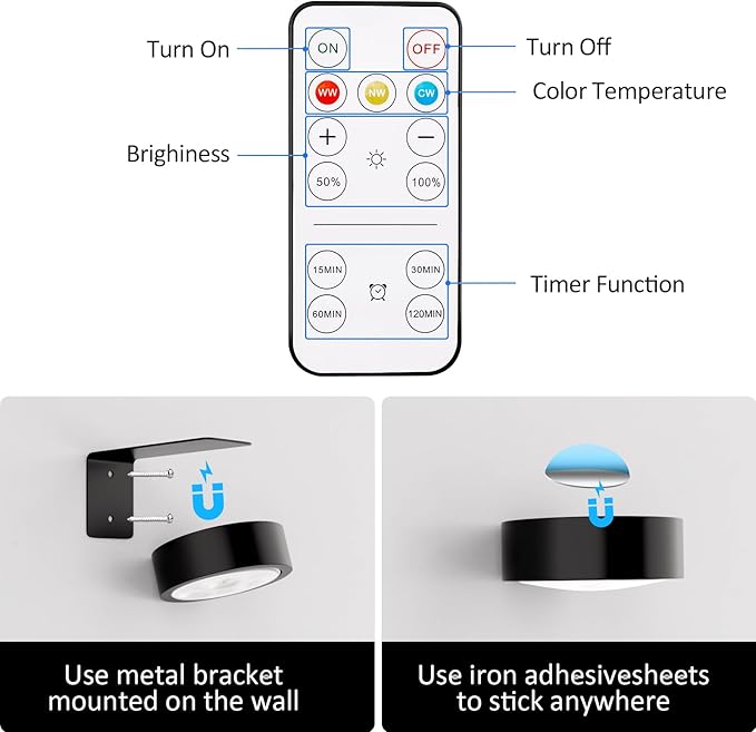 3-Pack Picture & Poster Lights for Wall, Rechargeable Battery Magnetic with Remote Dimmable 3-Color Temps & Timer, LED Art Display Lighting for Paintings, Frames & Wall Art Decor (Black)